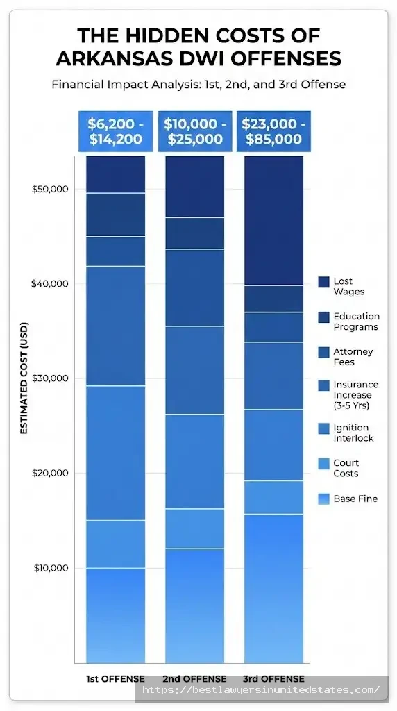 Arkansas DWI cost breakdown showing total expenses from $6,200 to $85,450 by offense level
