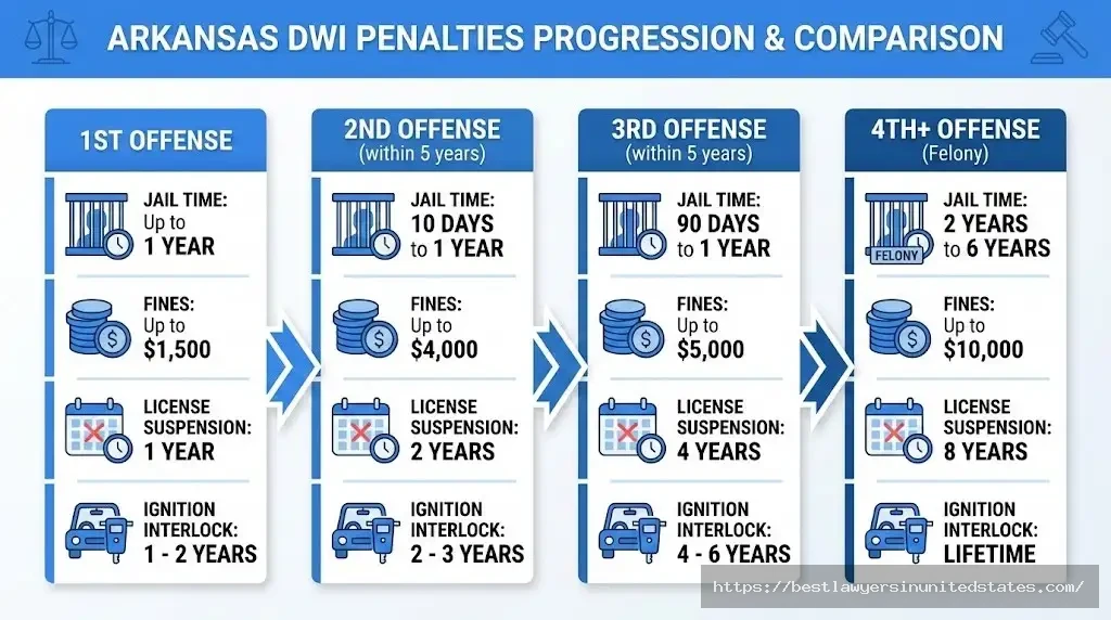 Arkansas DWI penalties by offense level showing increasing fines and jail time from 1st to 4th offense