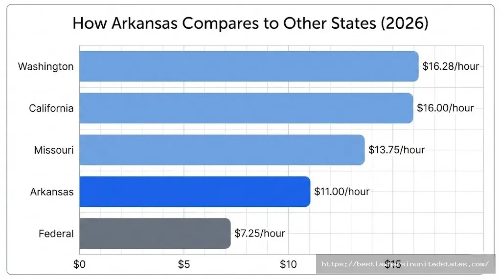 Arkansas minimum wage 11 dollars compared to California Washington Missouri federal rates 2026