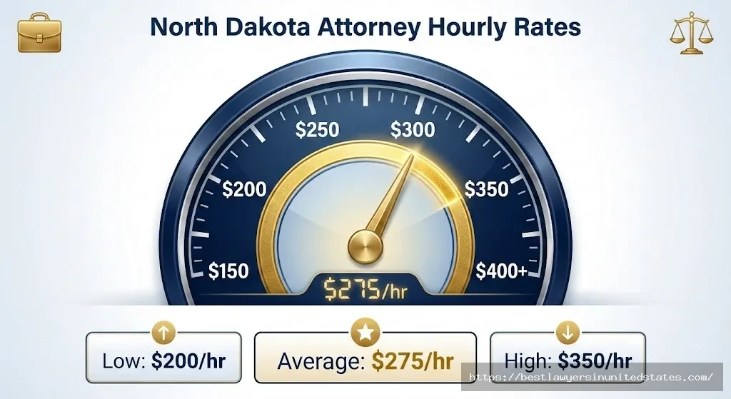 Attorney hourly rate gauge showing North Dakota divorce lawyers charge $200 to $350 per hour on average