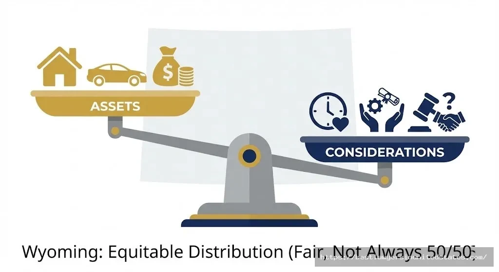 Balance scale illustration showing Wyoming's equitable property distribution considers marriage length, contributions, and circumstances rather than automatic 5050 split