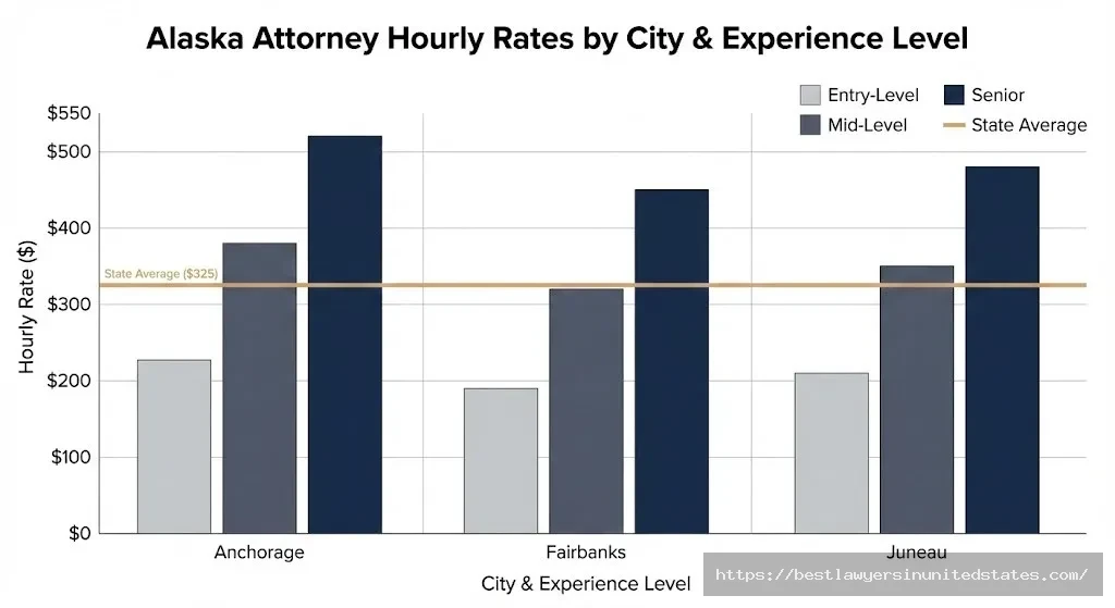 Bar chart comparing Alaska divorce attorney hourly rates by experience level in Anchorage, Fairbanks, and Juneau ranging from $200-$550 per hour