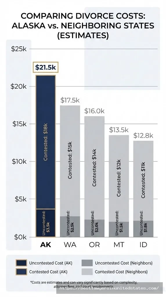 Bar chart comparing Alaska divorce costs to Washington, Oregon, Montana, and Idaho showing uncontested and contested divorce price differences