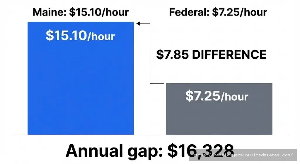 Bar chart comparing Maine minimum wage $15.10 versus federal minimum wage $7.25 showing $7.85 per hour difference