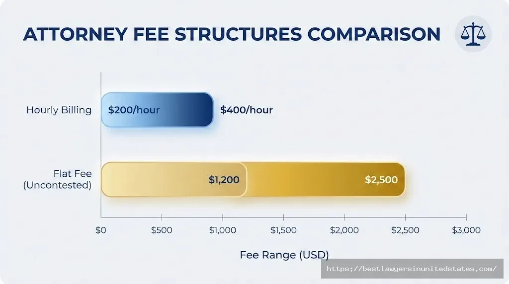 Bar chart comparing Nebraska divorce attorney hourly rates of $200-$400 versus flat fees of $1,200-$2,500 for uncontested cases