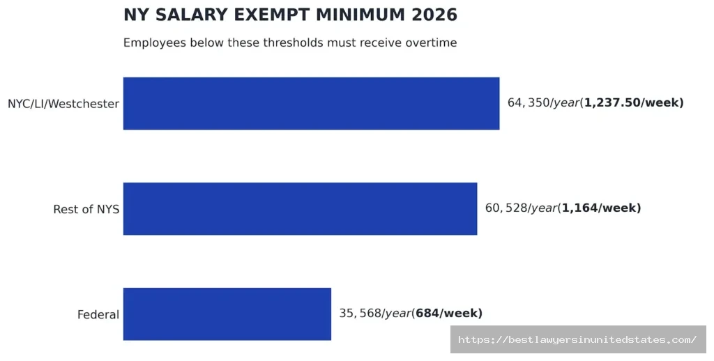 Bar chart comparing New York salary exempt thresholds for NYC and upstate versus federal minimum