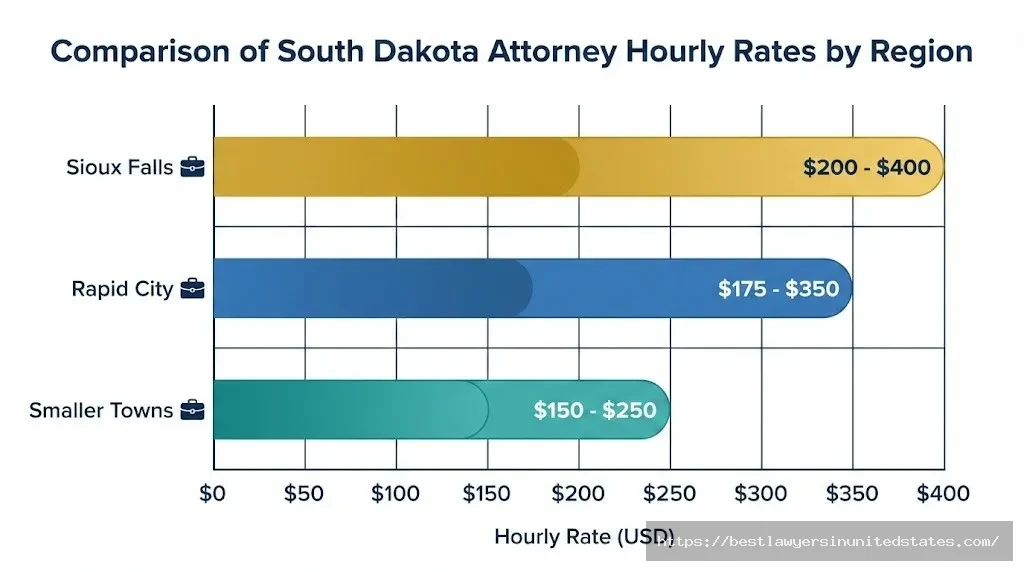 Bar chart comparing South Dakota divorce attorney hourly rates across Sioux Falls, Rapid City, and smaller towns