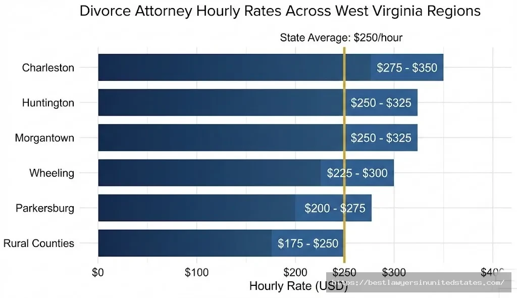 Bar chart comparing West Virginia divorce attorney hourly rates by region from $175 in rural counties to $350 in Charleston