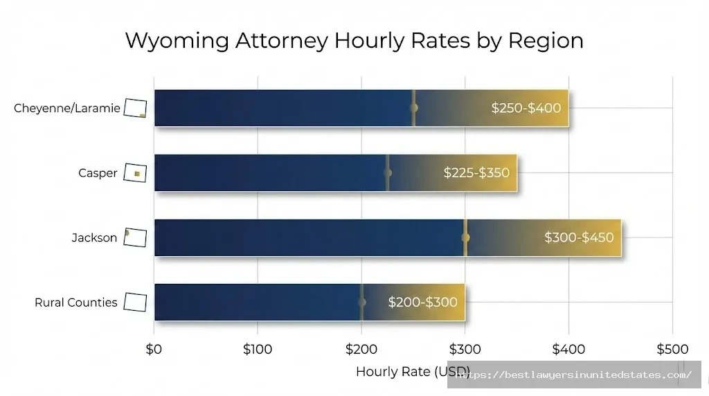 Bar chart comparing Wyoming divorce attorney hourly rates by region, ranging from $200-$300 in rural counties to $300-$450 in Jackson