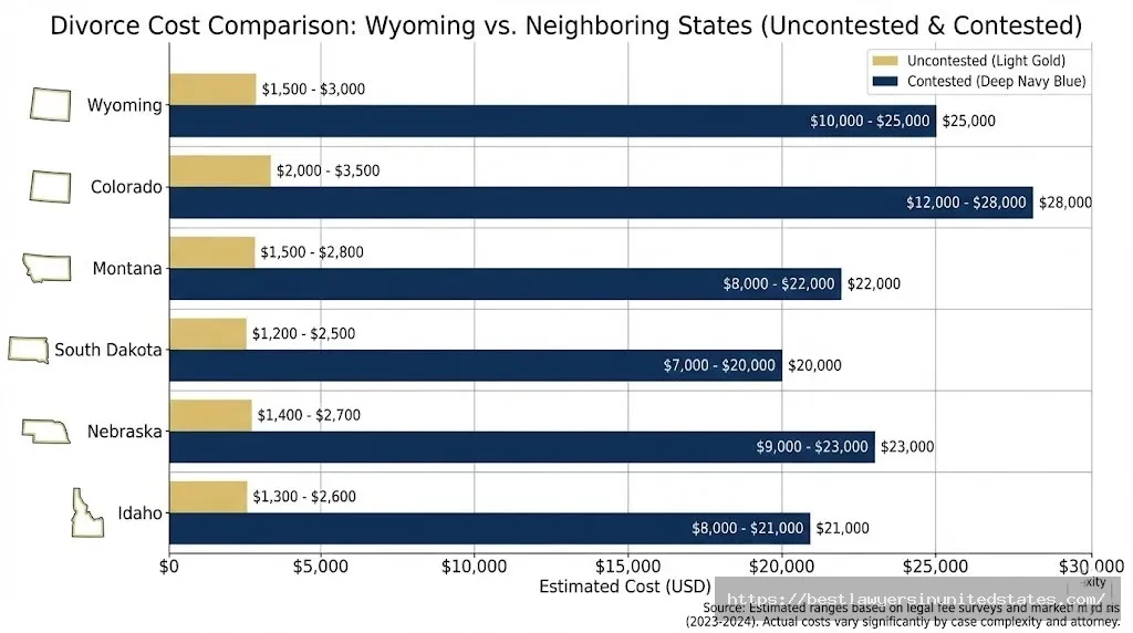 Bar graph comparing Wyoming divorce costs to neighboring states showing Wyoming's uncontested divorces cost $1,500-$3,000 versus Colorado's $2,000-$5,000