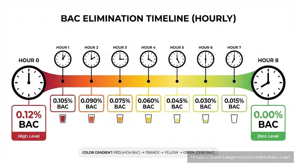 Blood alcohol content elimination timeline showing BAC decreasing from 0.12% to 0.00% over 8 hours