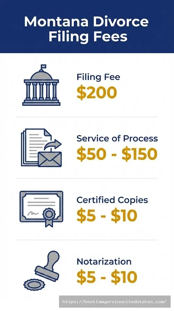 Breakdown of Montana divorce filing fees including $200 court filing, service costs, and document fees