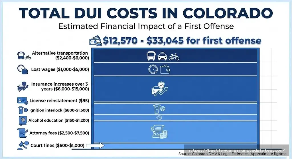 Breakdown of total Colorado DUI costs showing fines, attorney fees, insurance increases totaling $12,570-$33,045