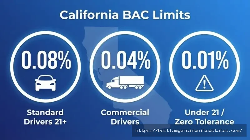 California BAC limits chart showing 0.08% standard, 0.04% commercial, 0.01% underage drivers