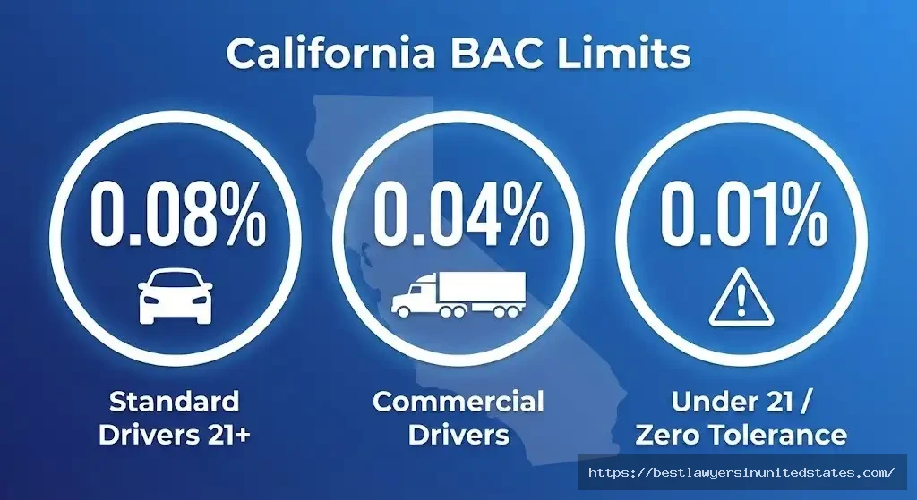 California BAC limits chart showing 0.08% standard, 0.04% commercial, 0.01% underage drivers