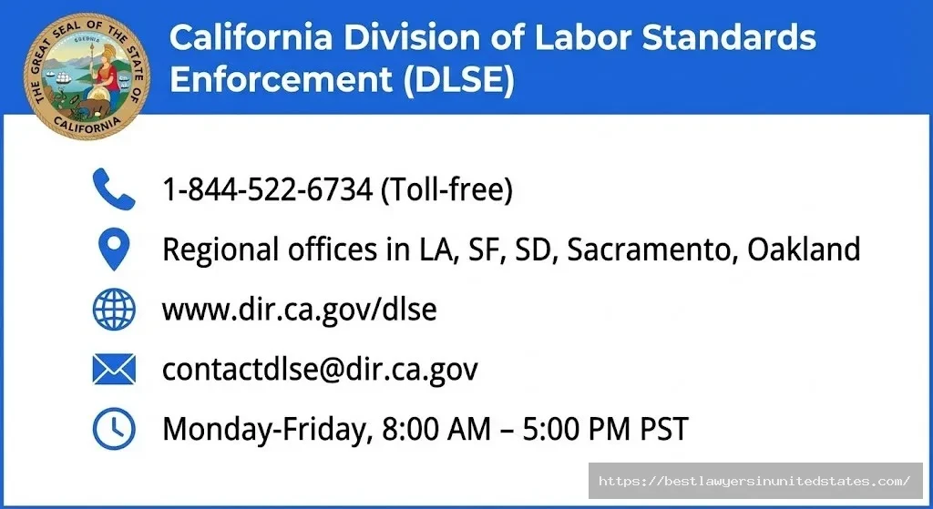 California DLSE Department of Labor contact information phone 1-844-522-6734 address