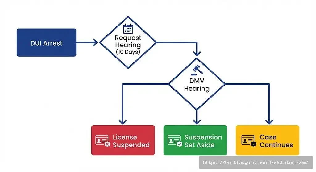 California DMV administrative hearing process flowchart showing possible outcomes and decision points