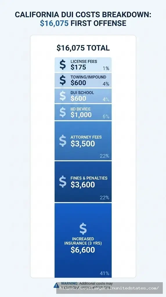 California DUI cost breakdown showing total $16,075 including fines, attorney fees, and insurance increases