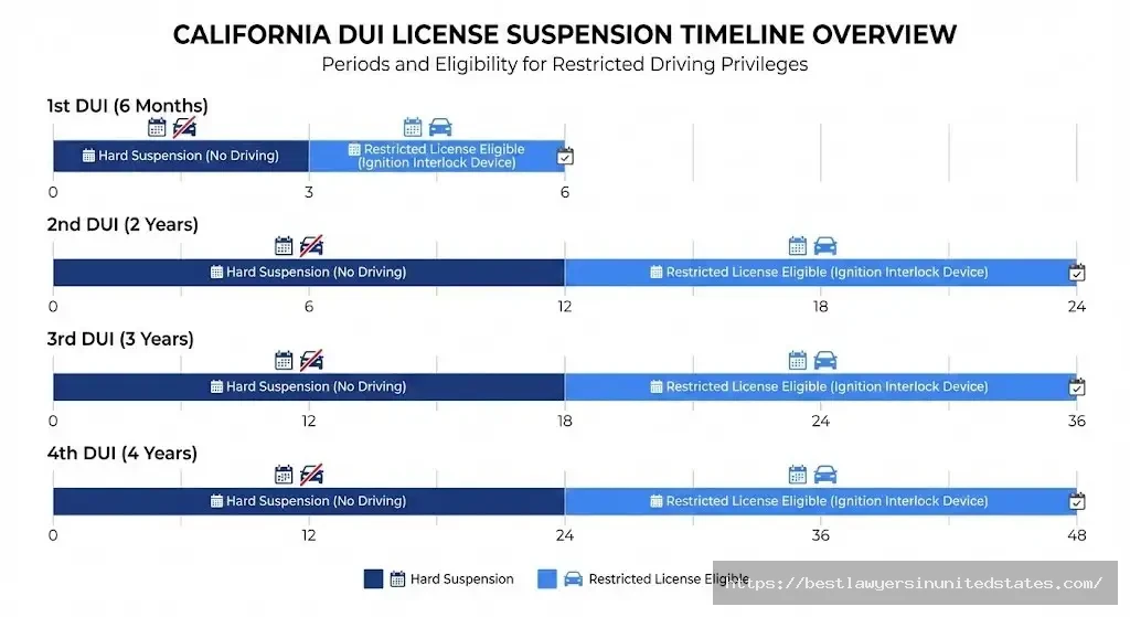 California DUI license suspension timeline comparing first through fourth offense durations