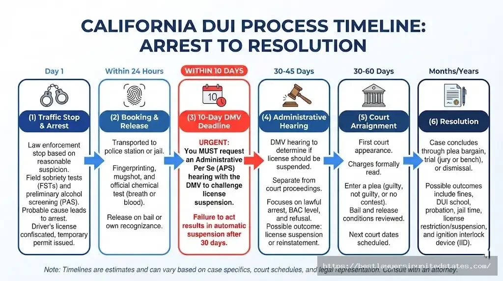 California DUI process timeline from arrest through court showing critical 10-day DMV hearing deadline