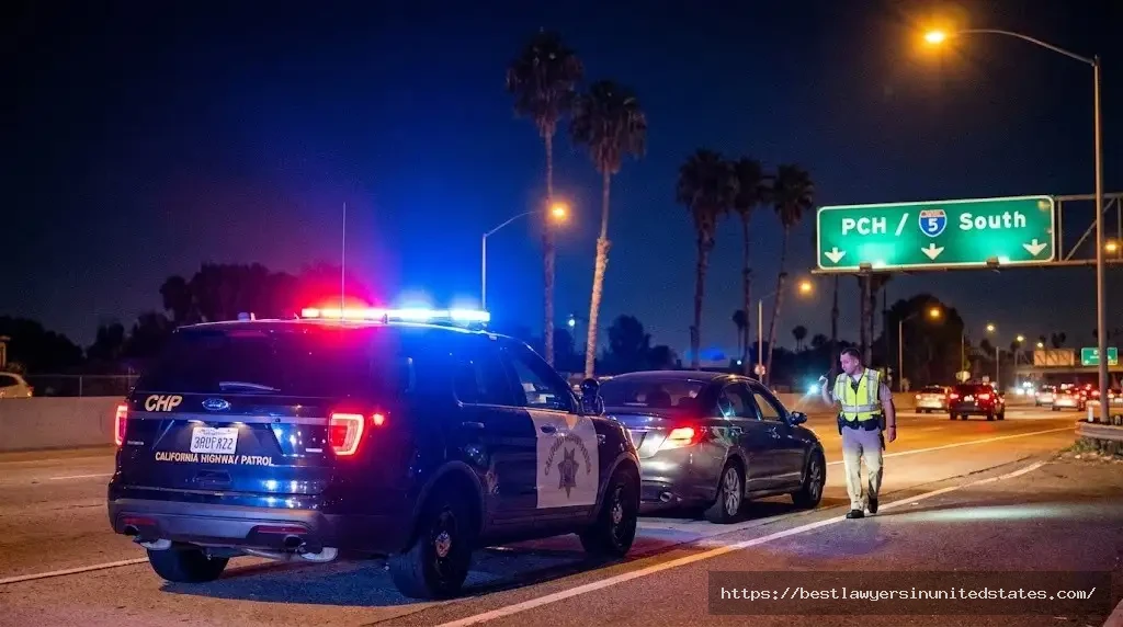 California Highway Patrol conducting DUI traffic stop at night with police lights activated