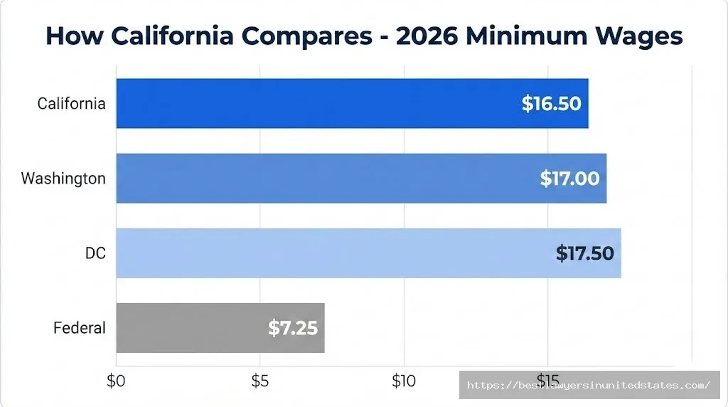 California minimum wage $16.50 compared to Washington DC federal rates 2026