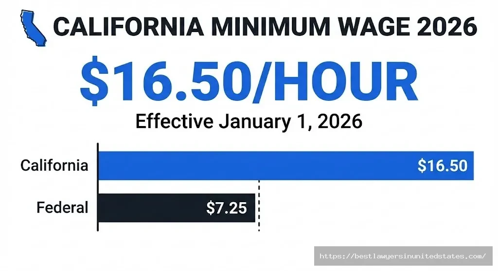 California minimum wage 2026 rate $16.50 per hour compared to federal $7.25