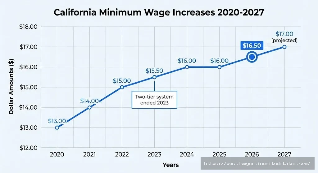 California minimum wage increase history 2020 to 2027 timeline graph