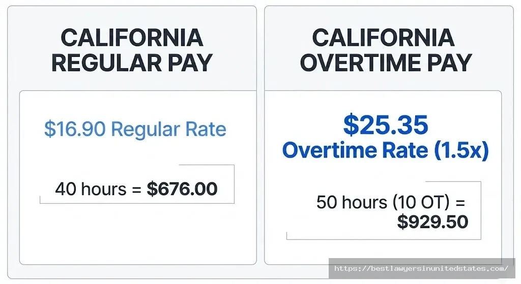 California overtime pay rates showing regular $16.50 per hour and time-and-a-half overtime rate of $24.75