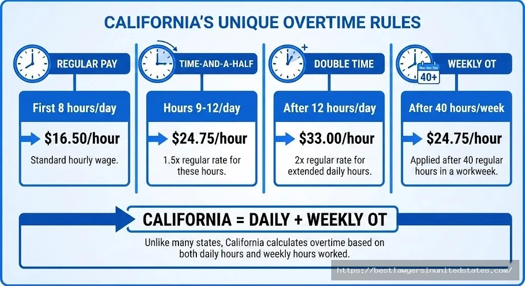 California overtime pay rules 1.5x after 8 hours daily double time after 12 hours