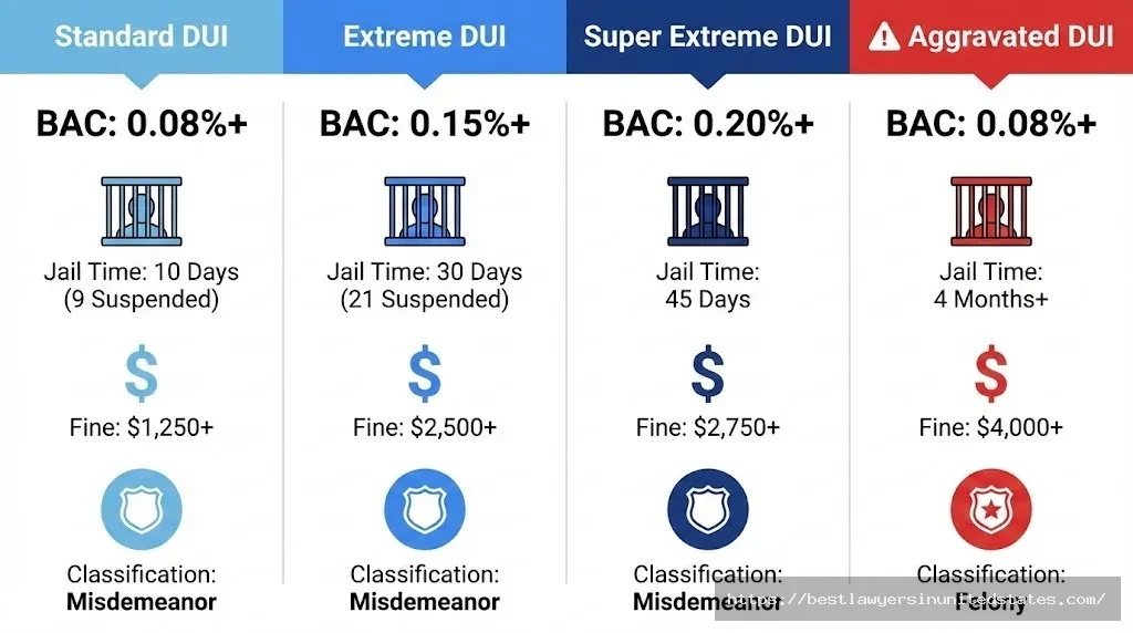Chart comparing Arizona's four DUI offense types with BAC levels, jail time, and fines