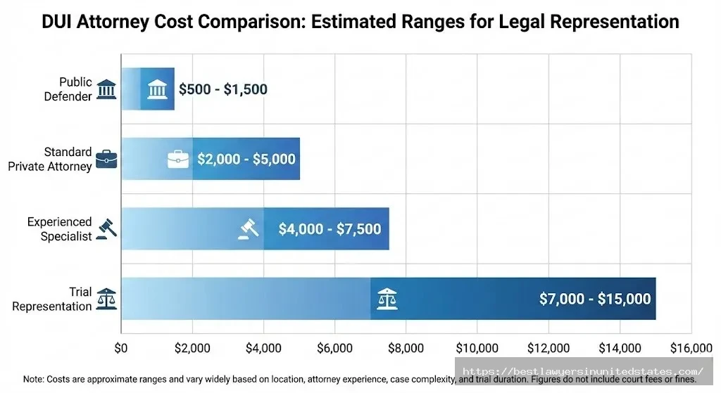 Chart comparing DUI attorney costs from public defenders to trial specialists