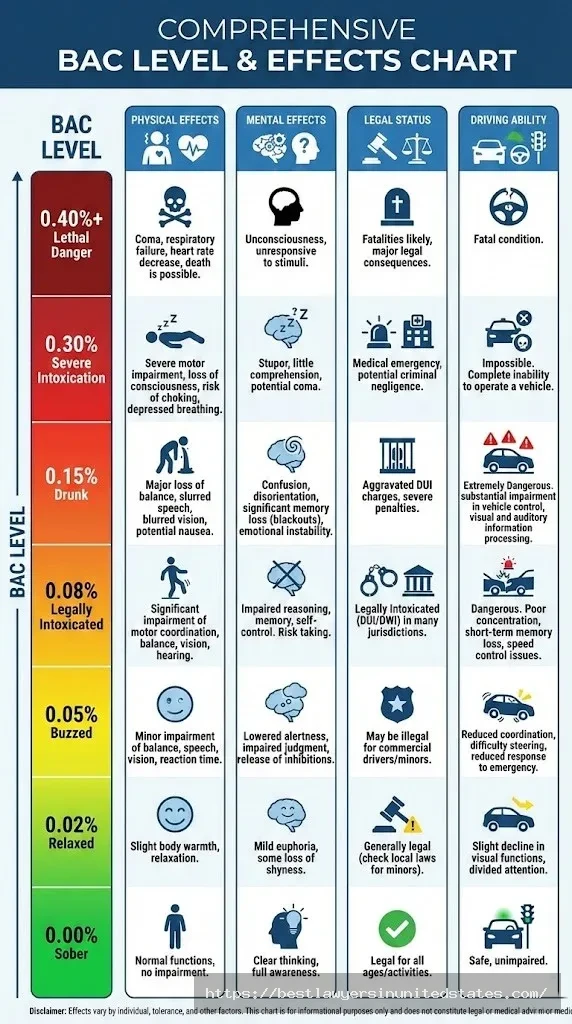 Chart showing physical, mental, and legal effects at different blood alcohol concentration levels