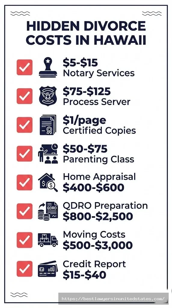 Checklist infographic of hidden Hawaii divorce costs including notary fees, process server, parenting classes, and moving expenses
