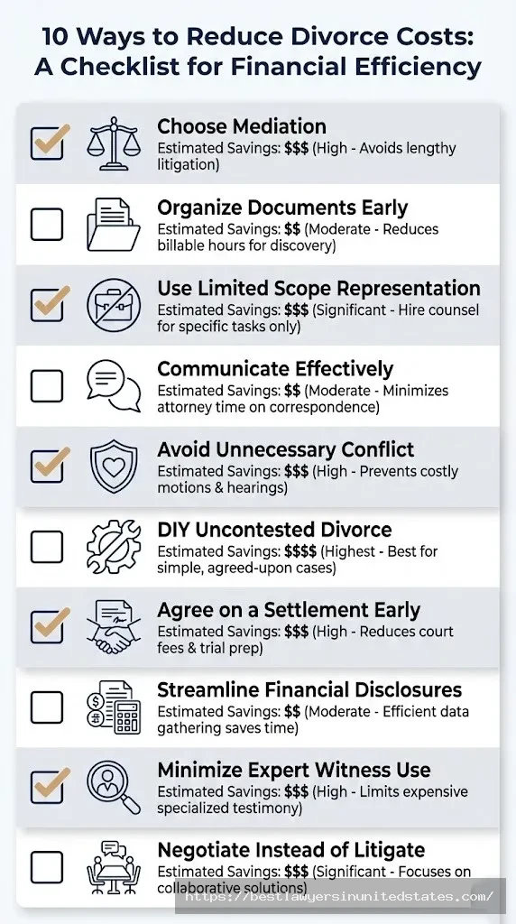 Checklist infographic showing 10 proven strategies to reduce Alaska divorce costs with estimated savings for each method