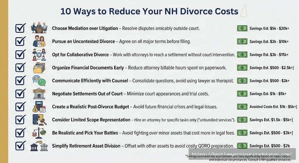 Checklist of 10 proven strategies to reduce divorce costs in New Hampshire with estimated savings