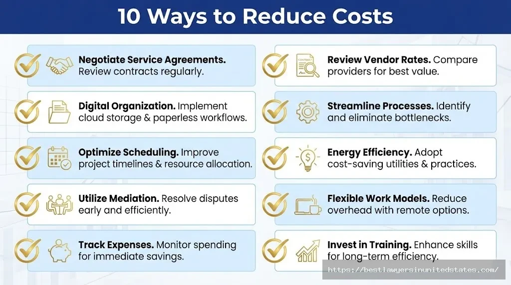 Checklist of 10 strategies to reduce Nebraska divorce costs including reaching agreements, staying organized, and using mediation