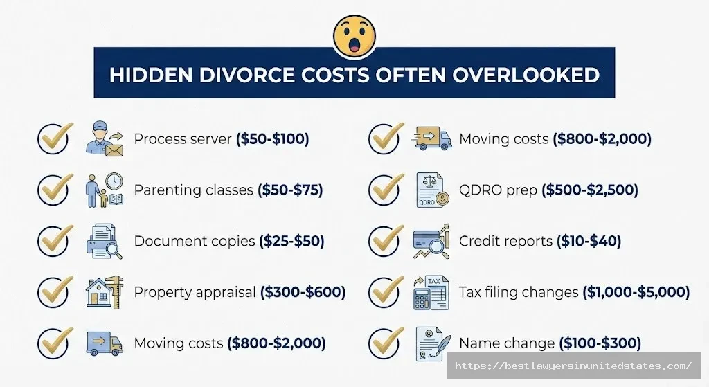 Checklist of 9 hidden divorce costs in North Dakota ranging from process server fees to tax filing changes