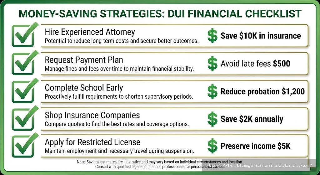 Checklist of DUI cost reduction strategies showing potential savings for each action
