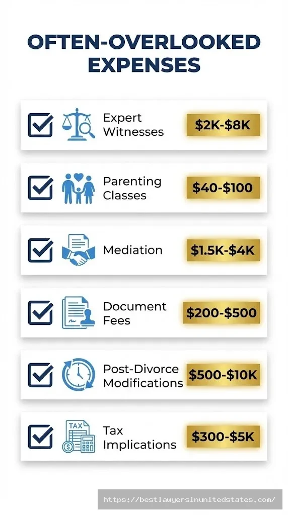 Checklist of hidden Delaware divorce costs including expert witnesses, mediation, and tax implications
