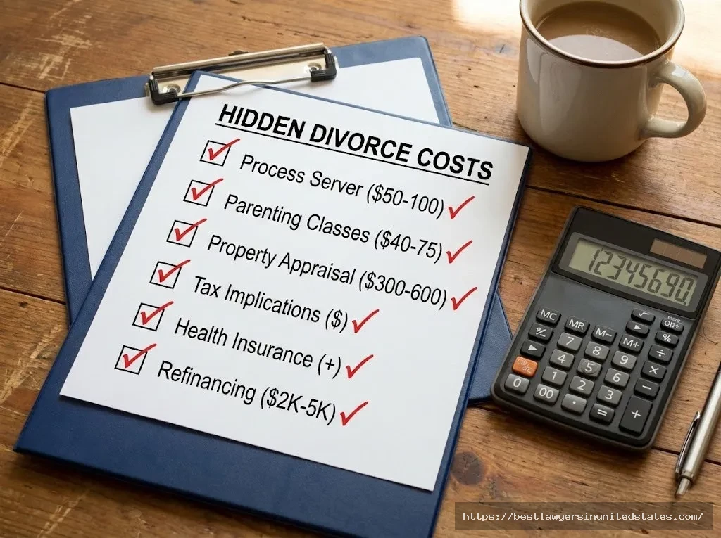 Checklist of hidden South Dakota divorce costs including process server fees, parenting classes, appraisals, and insurance changes