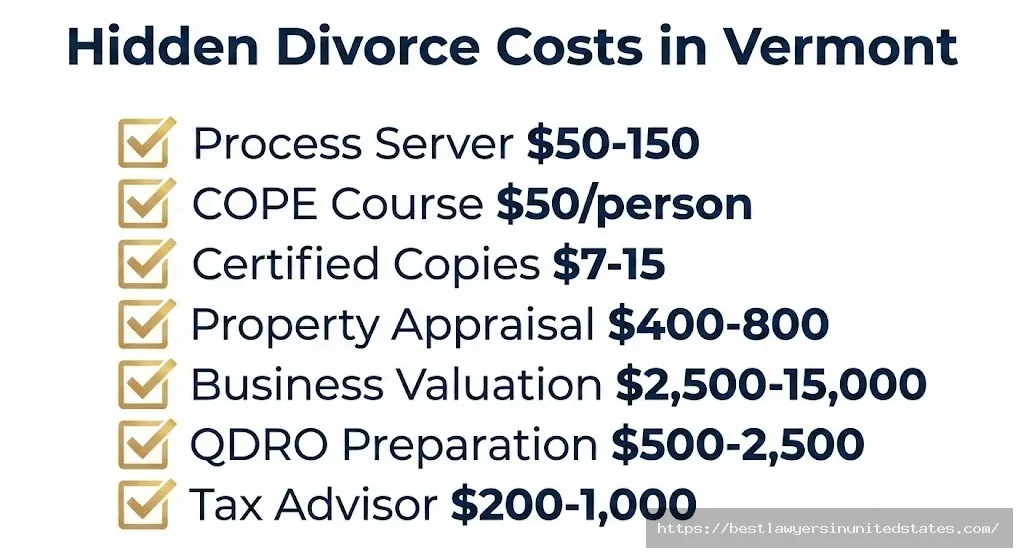 Checklist of hidden Vermont divorce costs including process server fees COPE course property appraisal and QDRO preparation