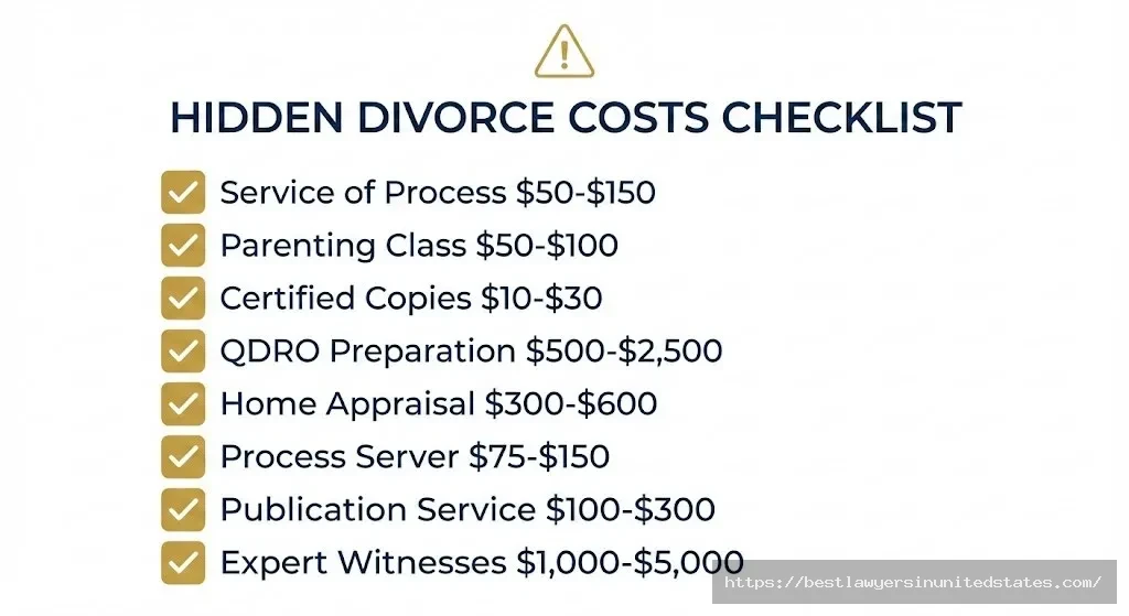 Checklist of hidden Wyoming divorce costs including service of process, parenting classes, certified copies, and expert witnesses with price ranges