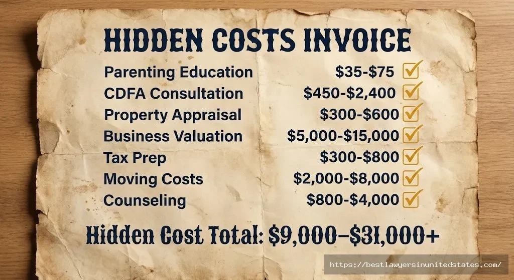 Checklist of hidden divorce costs in Maine including parenting courses, financial experts, appraisals, and moving expenses totaling $9,000-$31,000