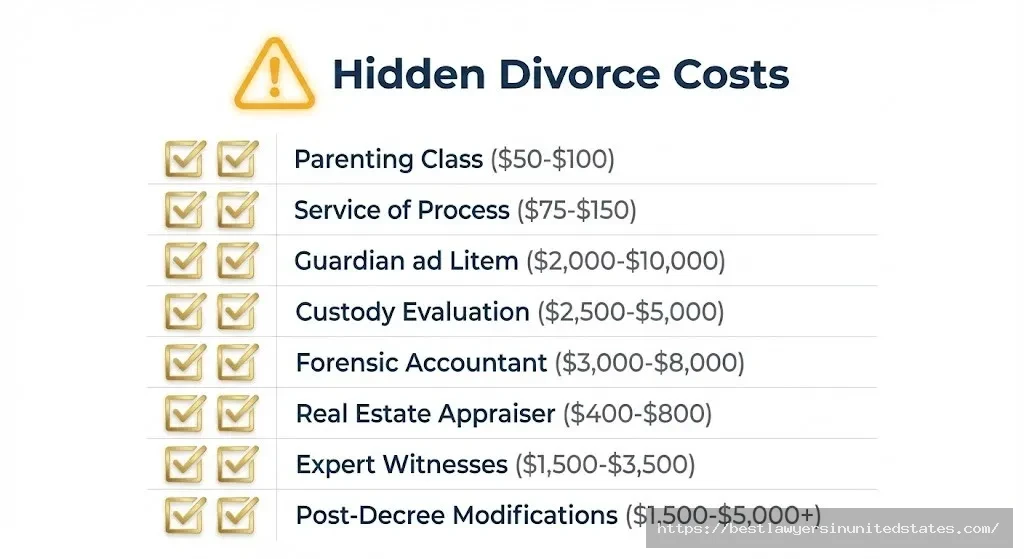 Checklist of hidden divorce costs in New Mexico including parenting classes, GAL fees, custody evaluations, and expert witness expenses