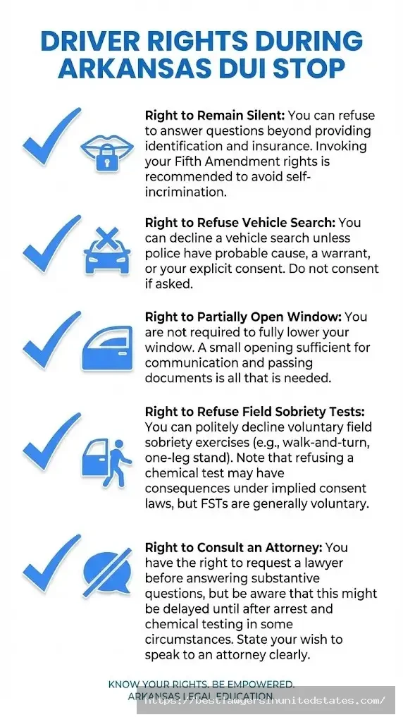 Checklist of legal rights during Arkansas DUI traffic stop including silence and search refusal