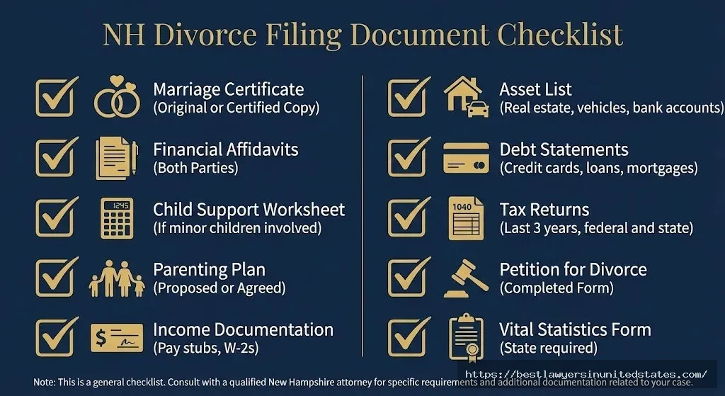 Checklist of required documents for filing divorce in New Hampshire including marriage certificate, financial affidavits, and parenting plan