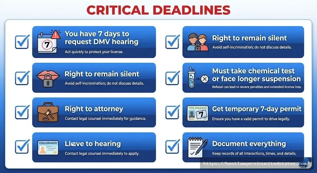 Checklist of rights and critical deadlines after Colorado DUI arrest including 7-day DMV hearing deadline