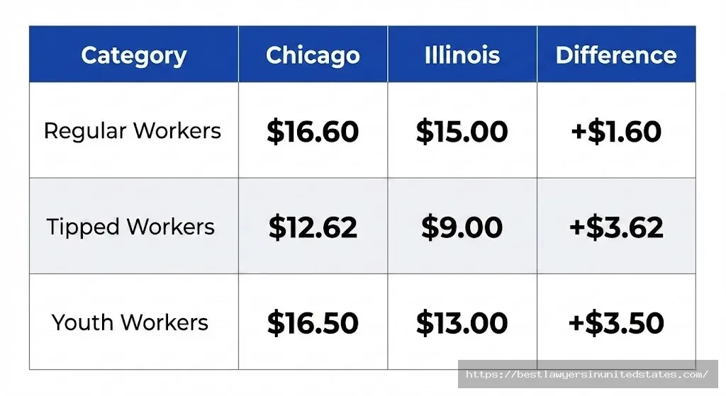 Chicago versus Illinois minimum wage comparison showing higher rates in Chicago for all worker categories