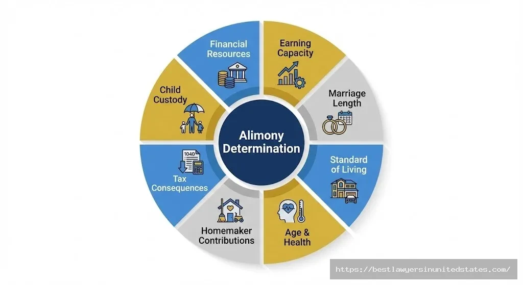 Circular diagram showing factors Delaware courts consider when determining alimony eligibility and amounts